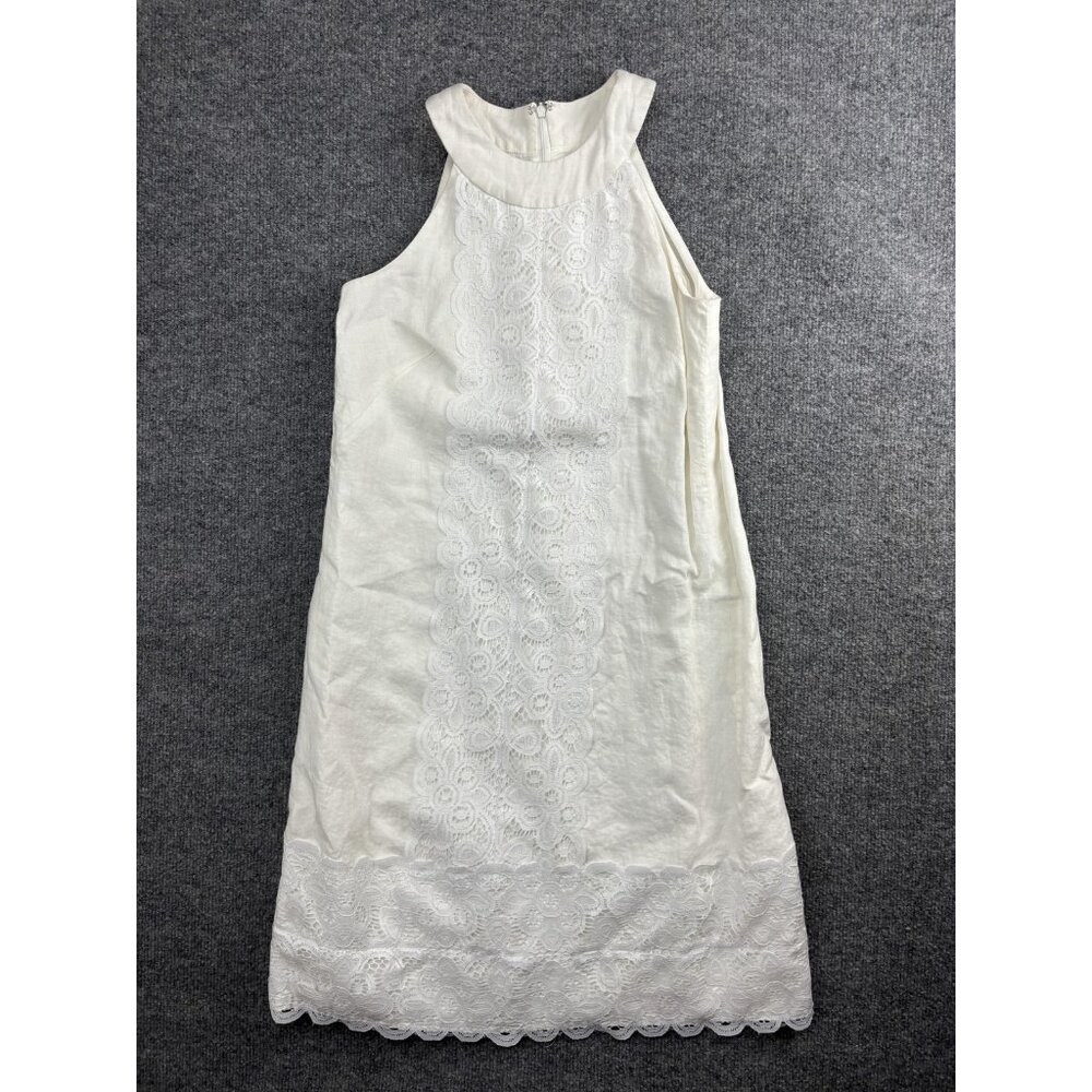 Maggy London Dress Womens 4 White Linen Lace Sheath‎ Sleeveless Summer Elegant